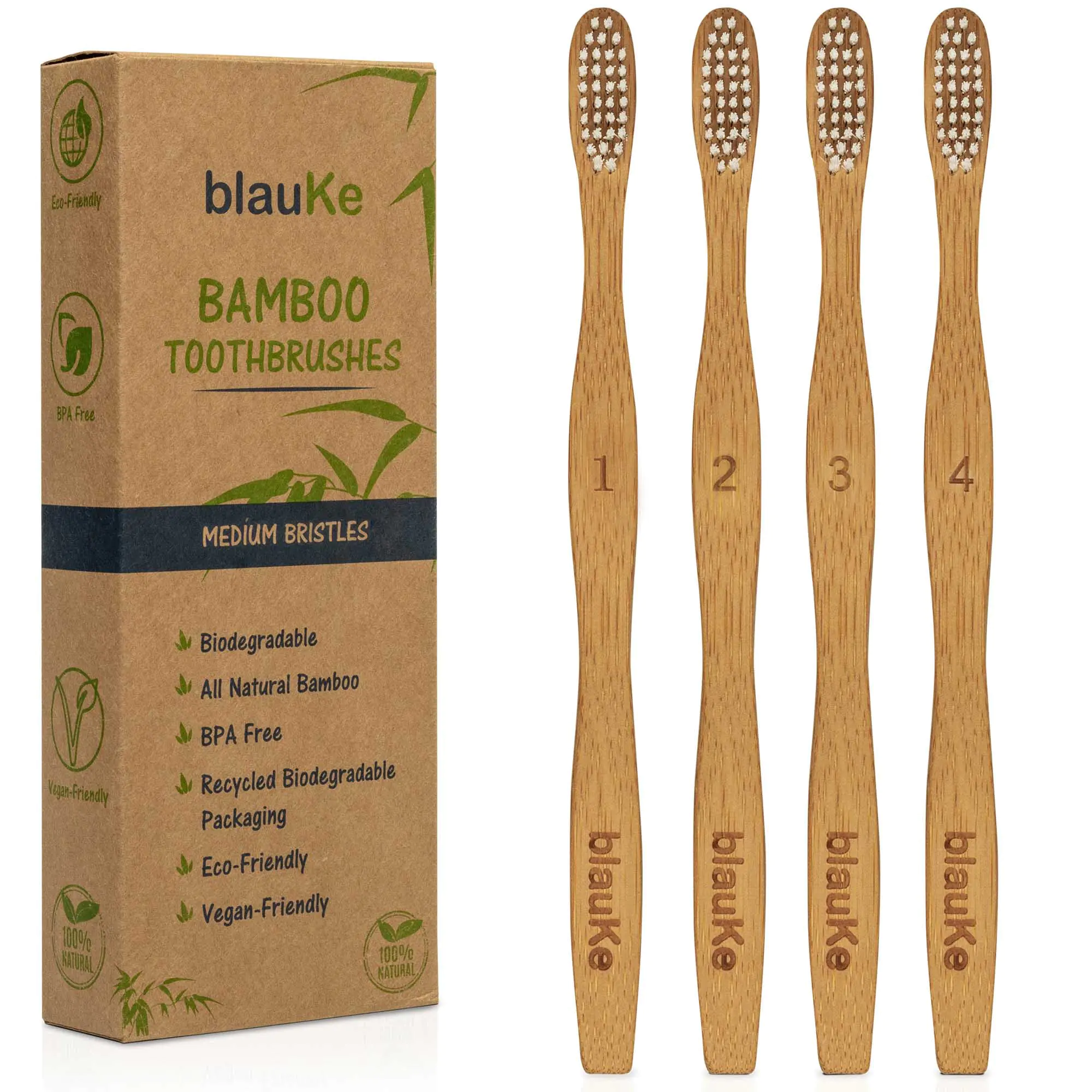 Bamboo Toothbrush Set, 4-Pack, Medium Bristles