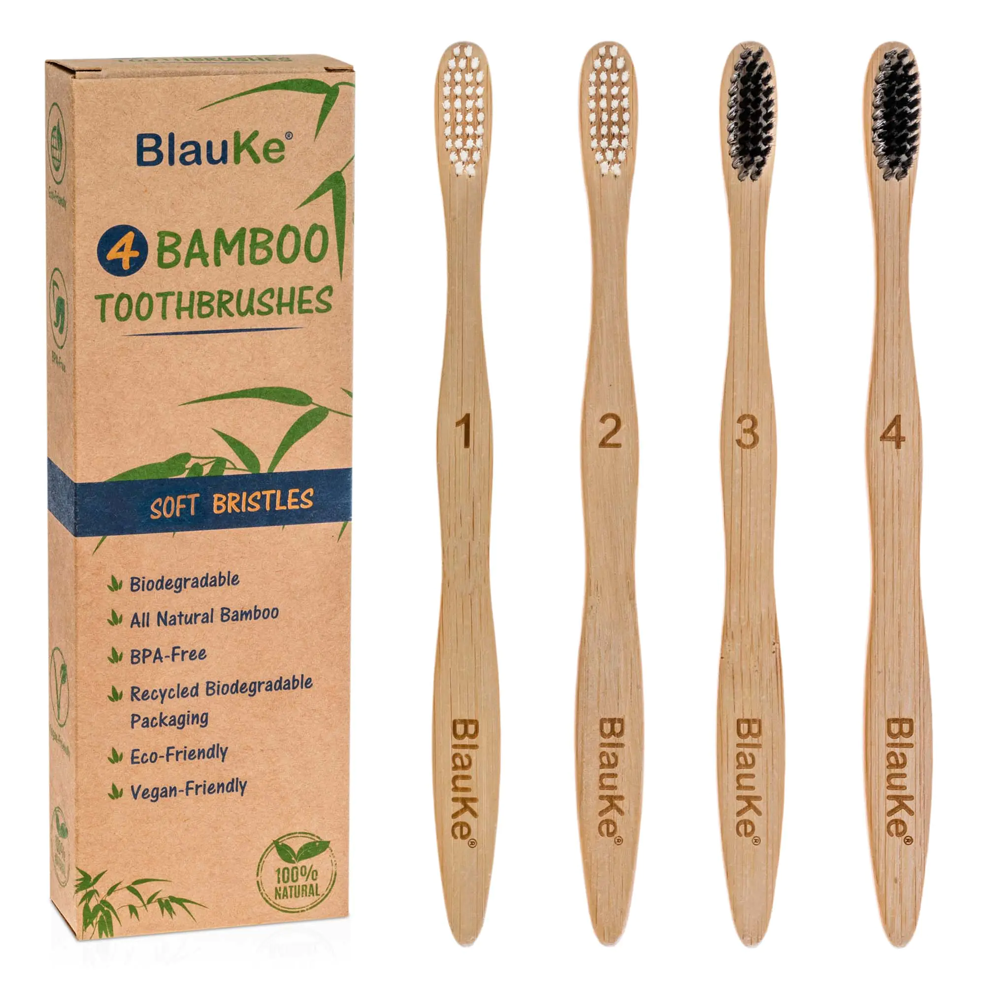Bamboo Toothbrush Set, 4-Pack, Soft Bristles with Charcoal