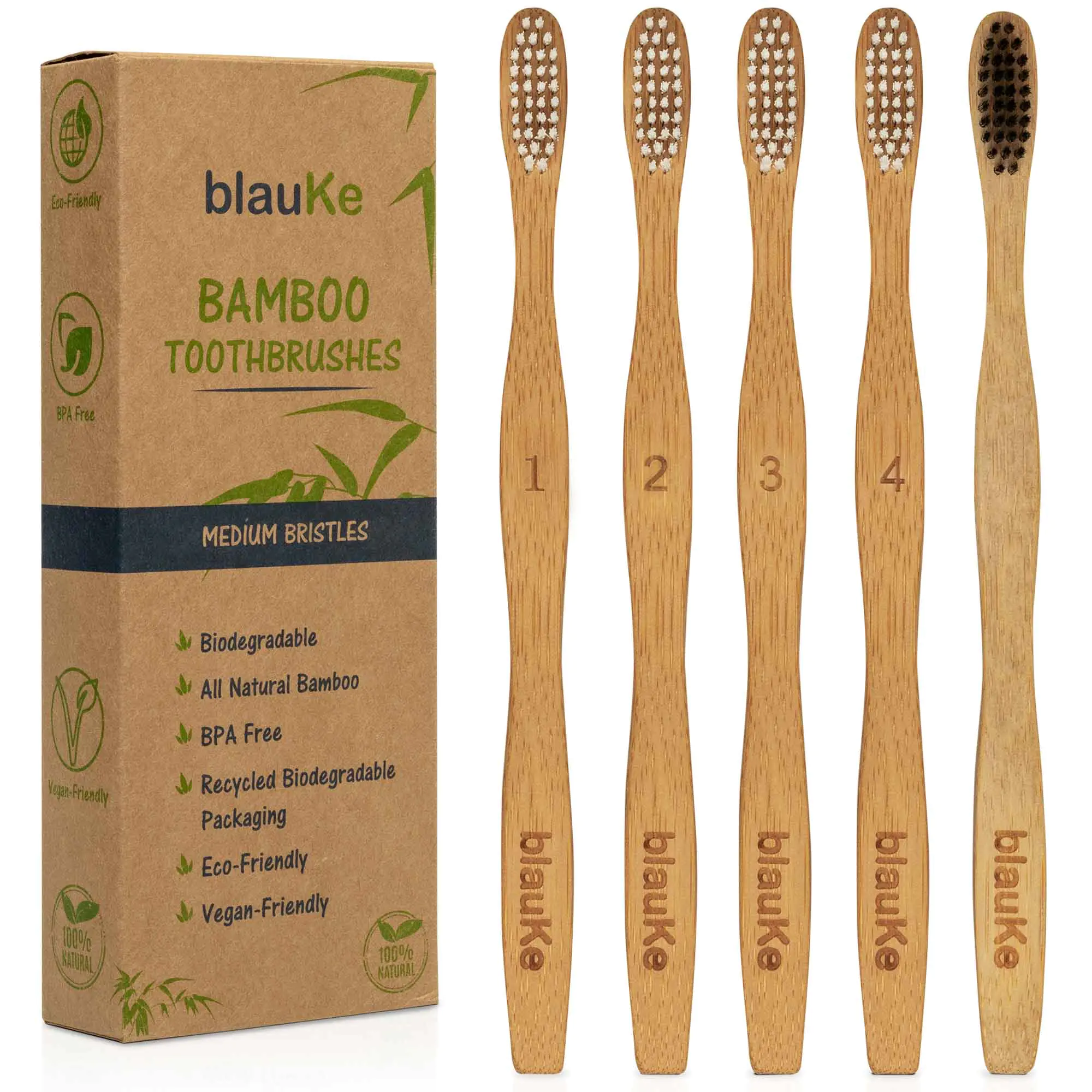Bamboo Toothbrush Set, 5-Pack, Medium Bristles