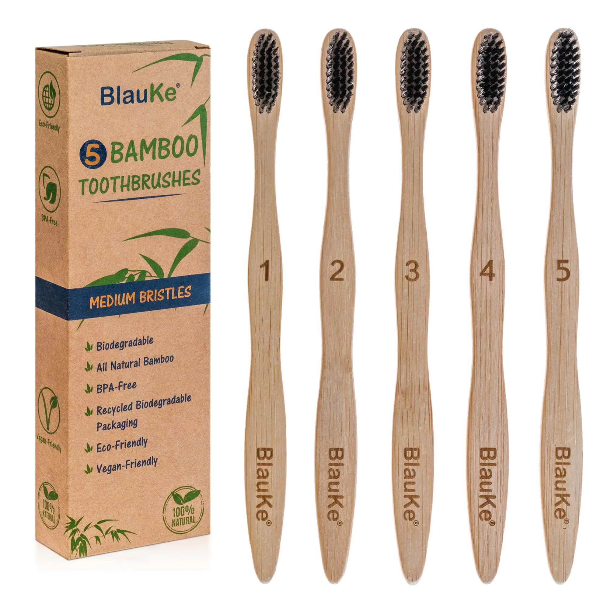 Charcoal Bamboo Toothbrush Set, 5-Pack, Medium Bristles