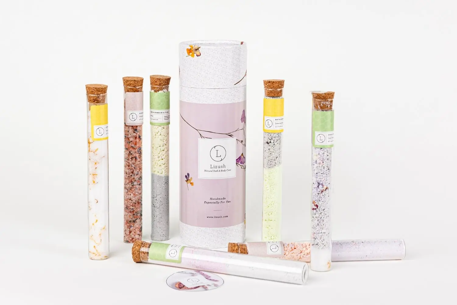 Natural Bath Salts and Bath Bombs Gift set in 7 Glass Tubes