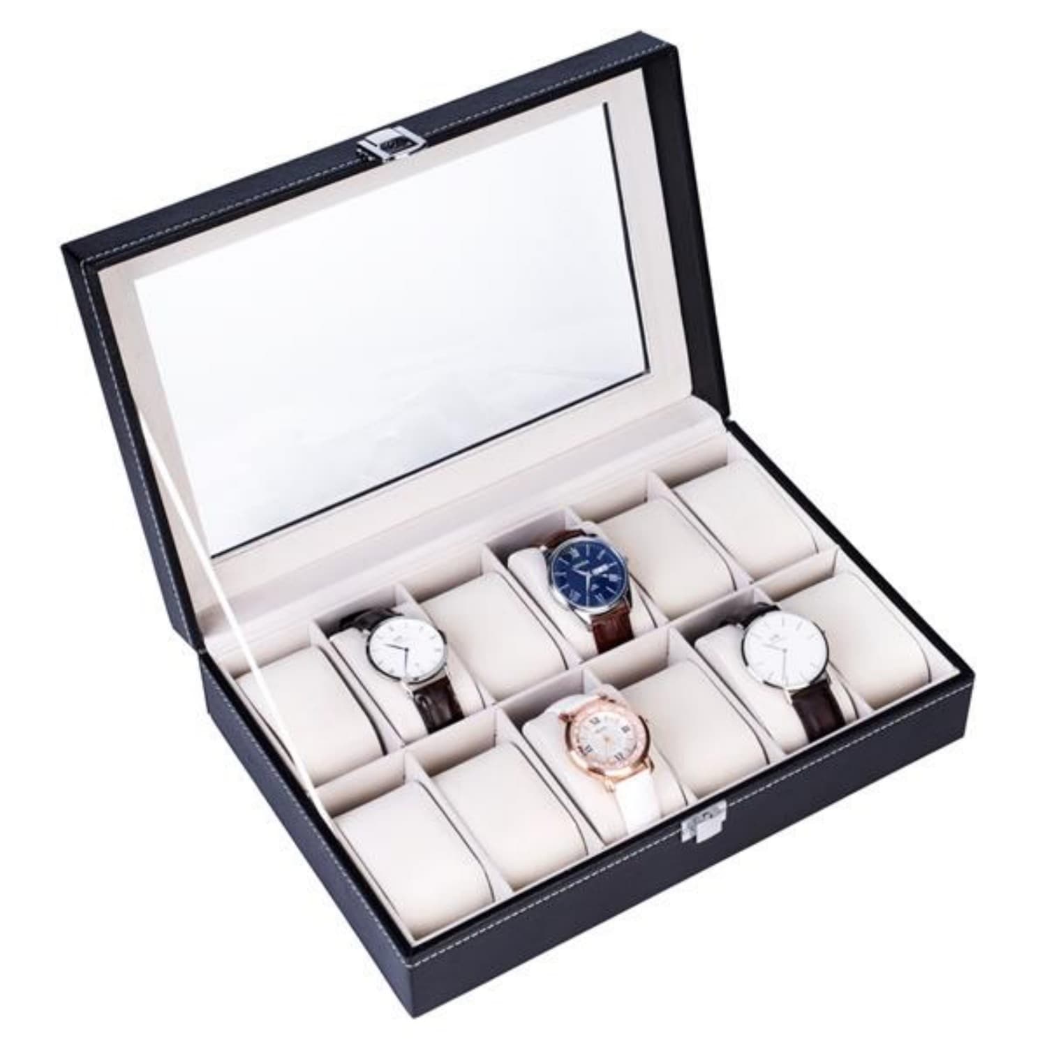 12-Slot Watch Box and Jewelry Organizer, Black