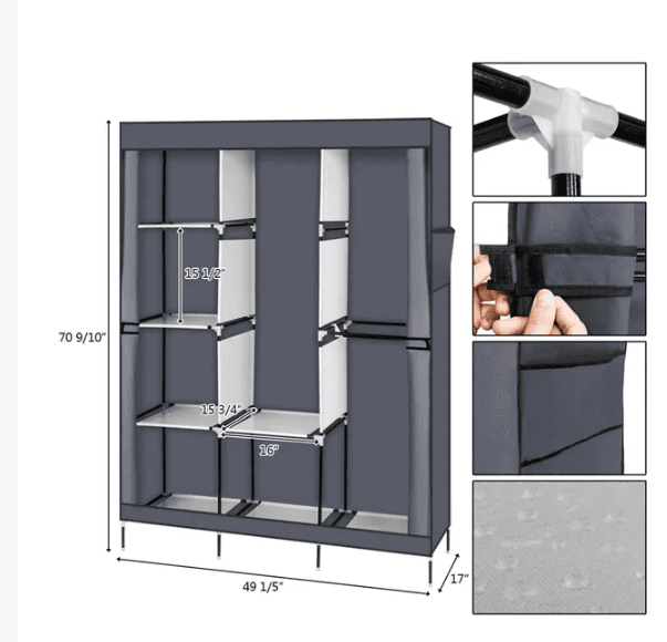 71-Inch Portable Closet Wardrobe with Hanging Rod and 8 Shelves, Gray – photo 6