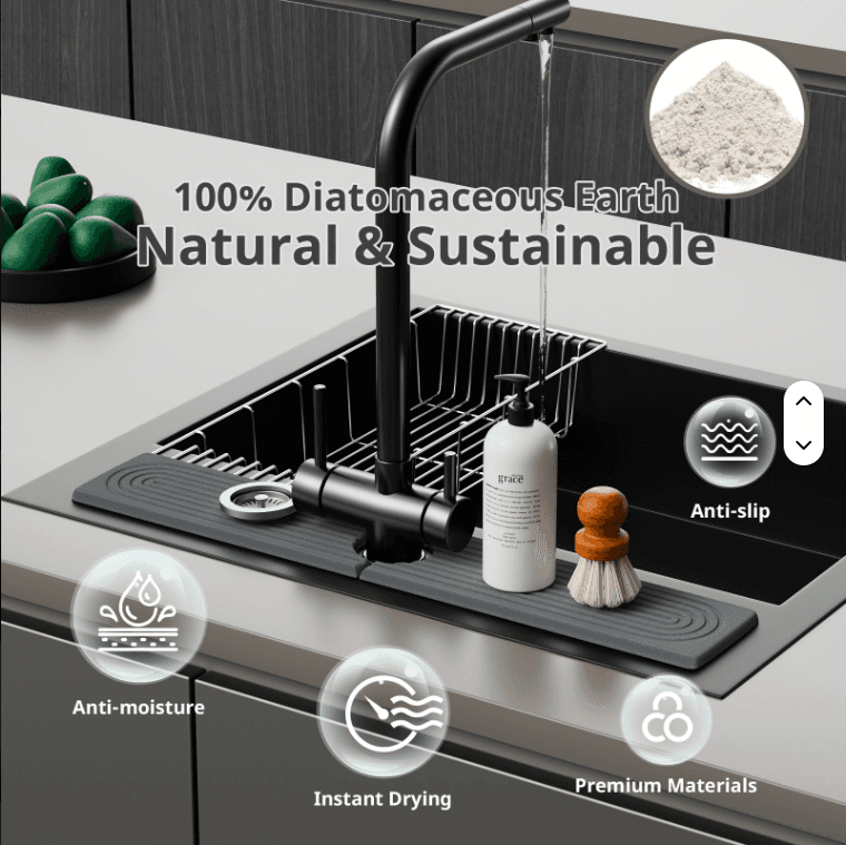 Diatomaceous Earth Sink Tray, Quick-Dry Sponge and Soap Holder – Light Grey