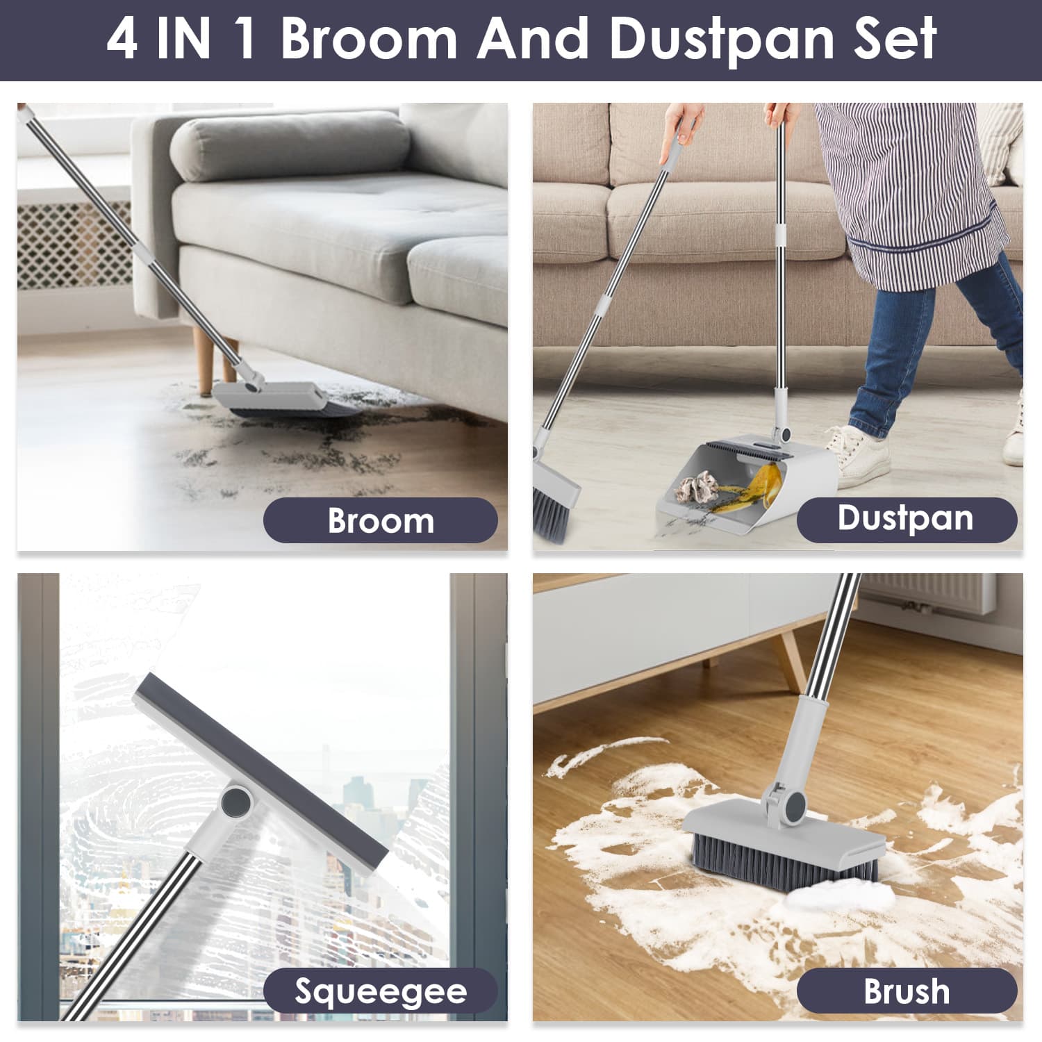 4-in-1 Upright Broom and Dustpan Set with Squeegee – photo 5