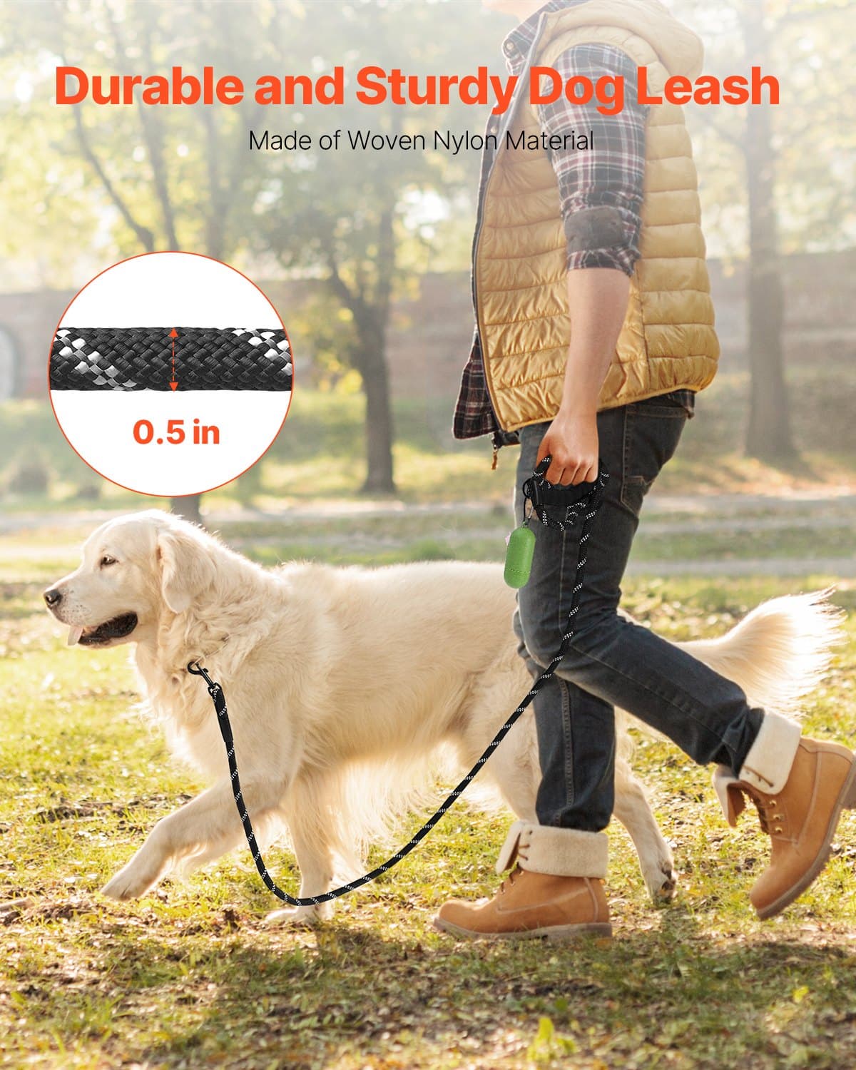 6 ft Rope Dog Leash with Padded Handle and Reflective Thread