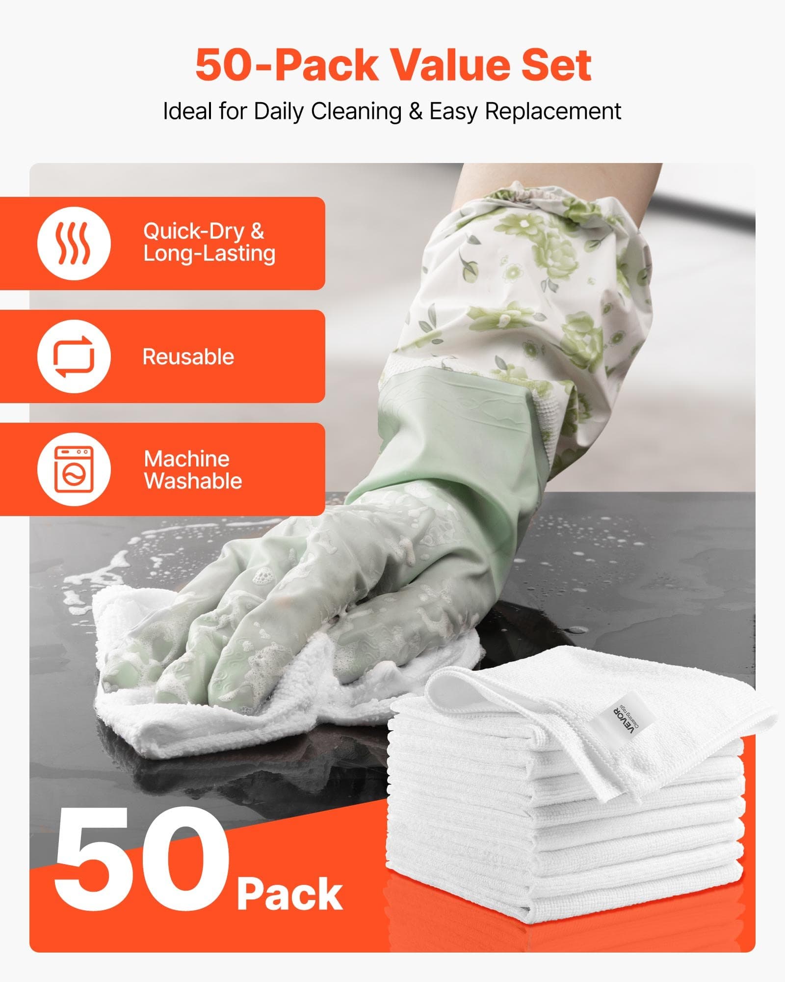 Microfiber Cleaning Cloths, 50-Pack, 12 x 12 in, White