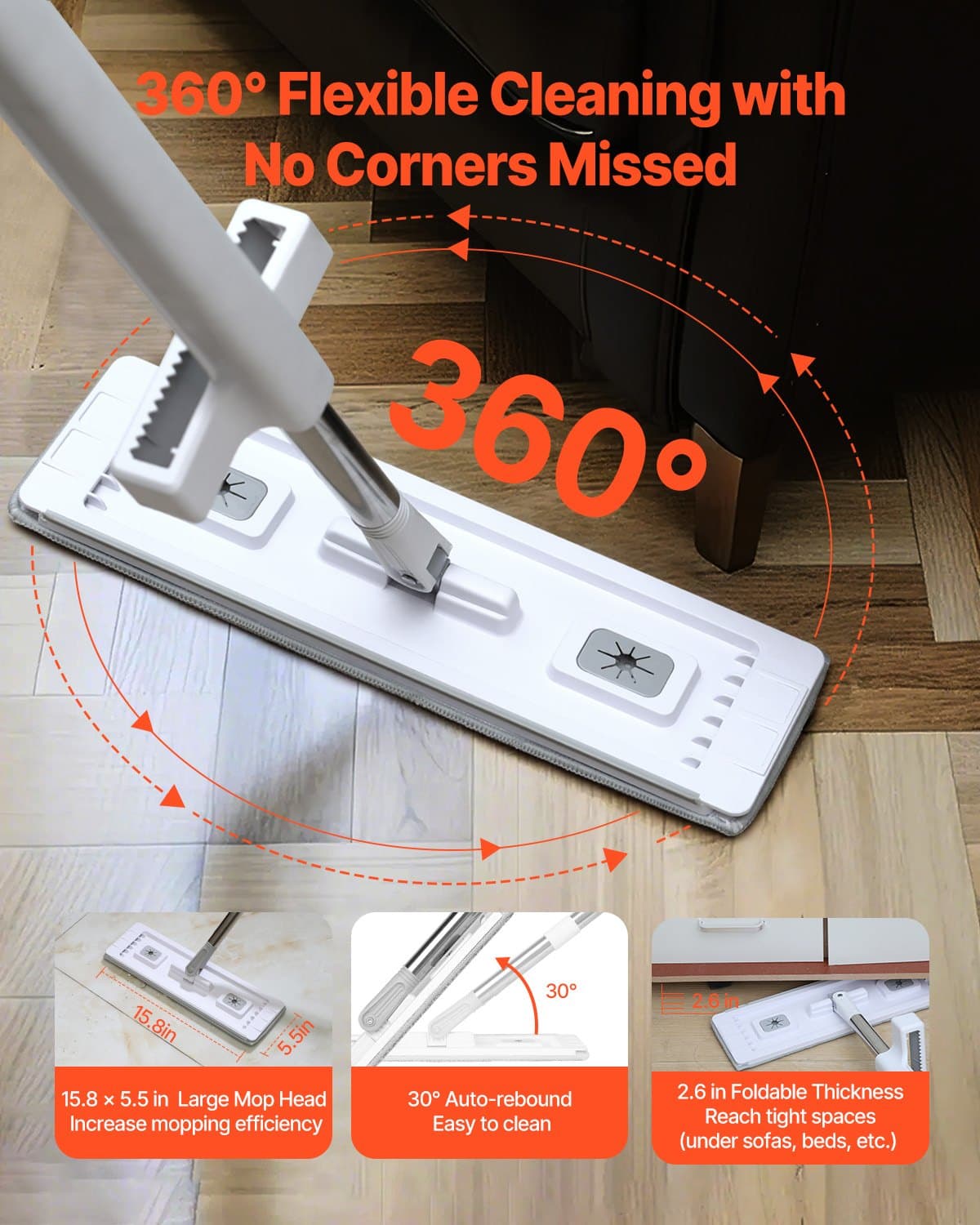 Self-Wringing Flat Mop with 4 Washable Microfiber Pads
