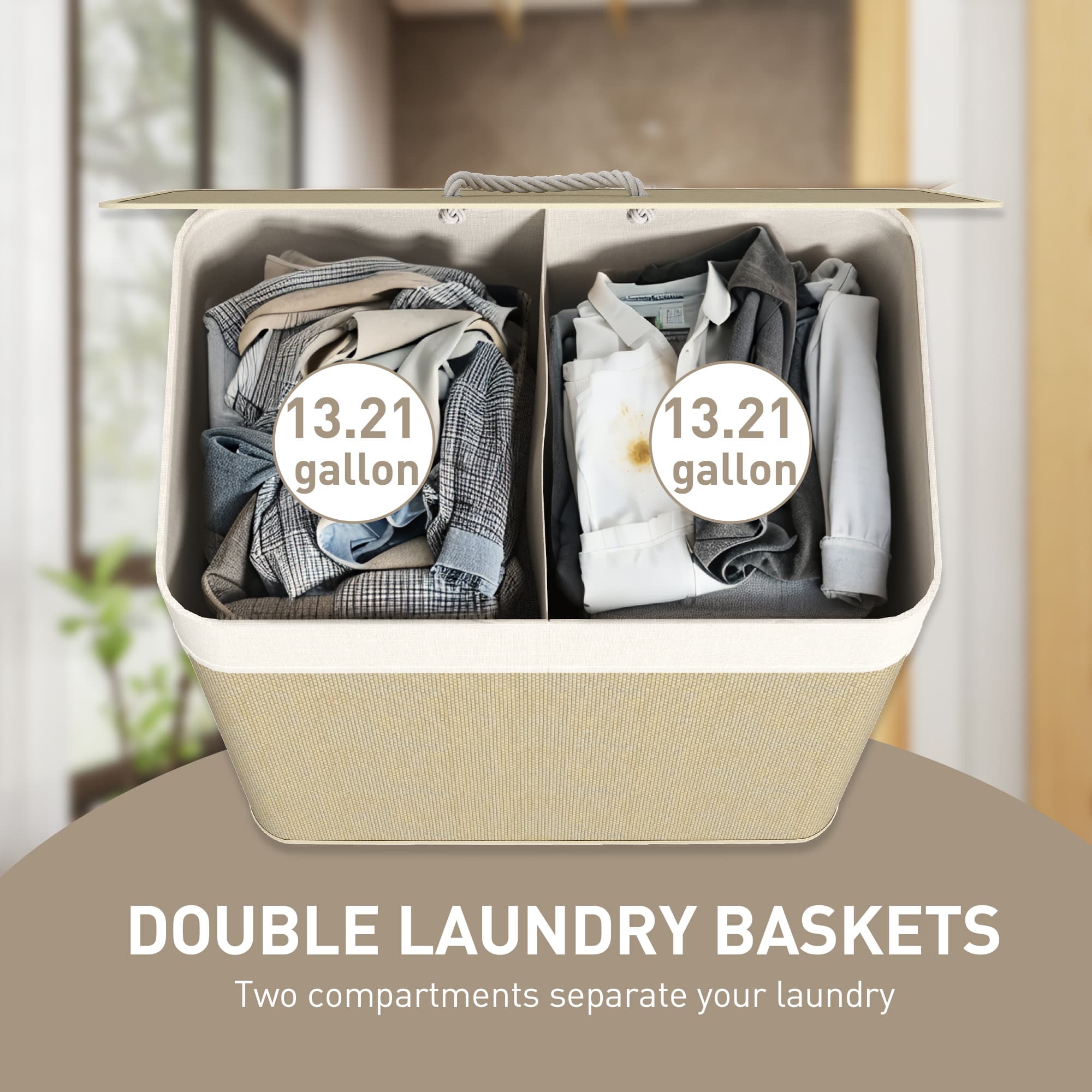 Double Laundry Hamper with Lid, 26.4 Gallon