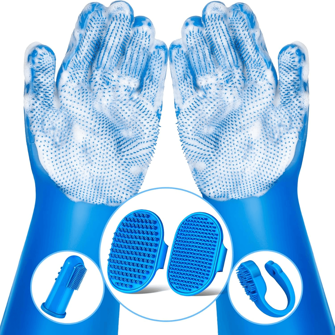 6-Piece Pet Grooming and Bath Set: Silicone Gloves, Brushes and Finger Toothbrushes