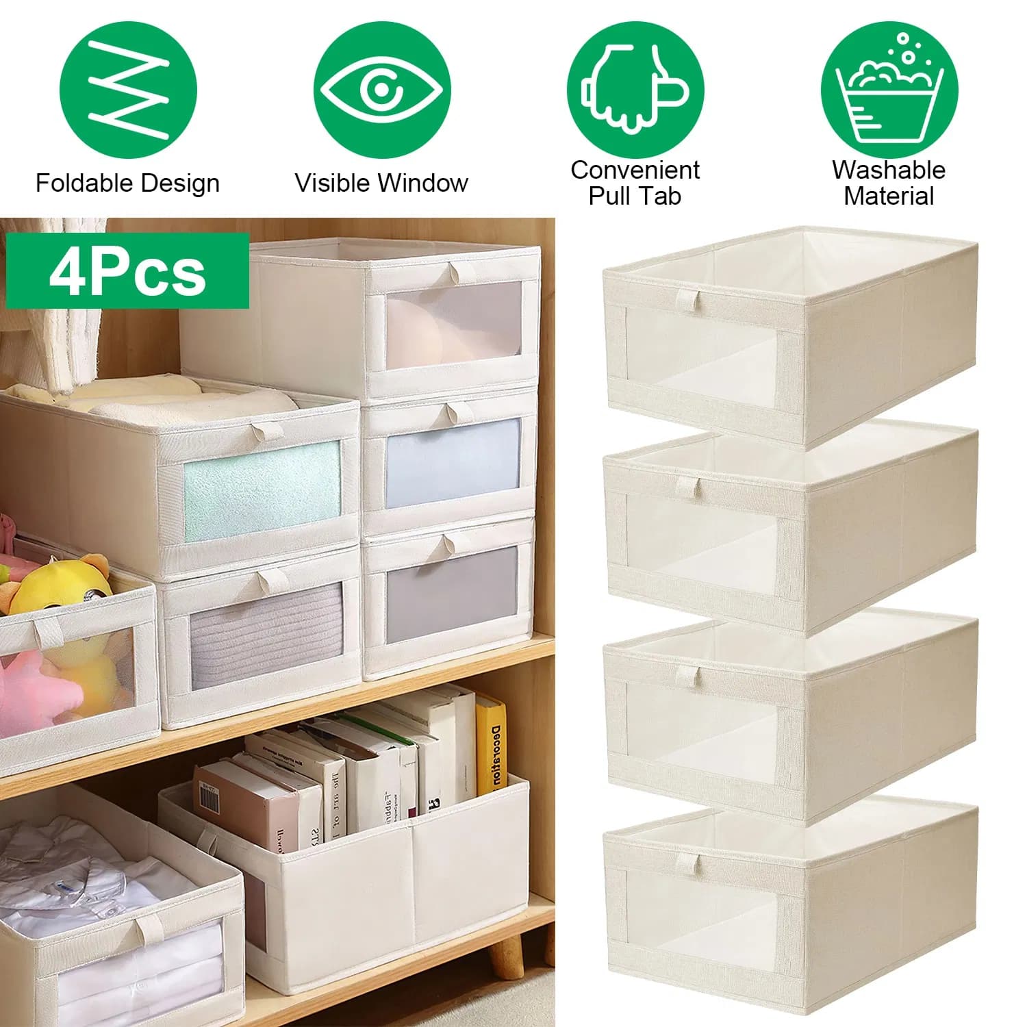 Foldable Closet Storage Bins with Clear Window, 4-Pack
