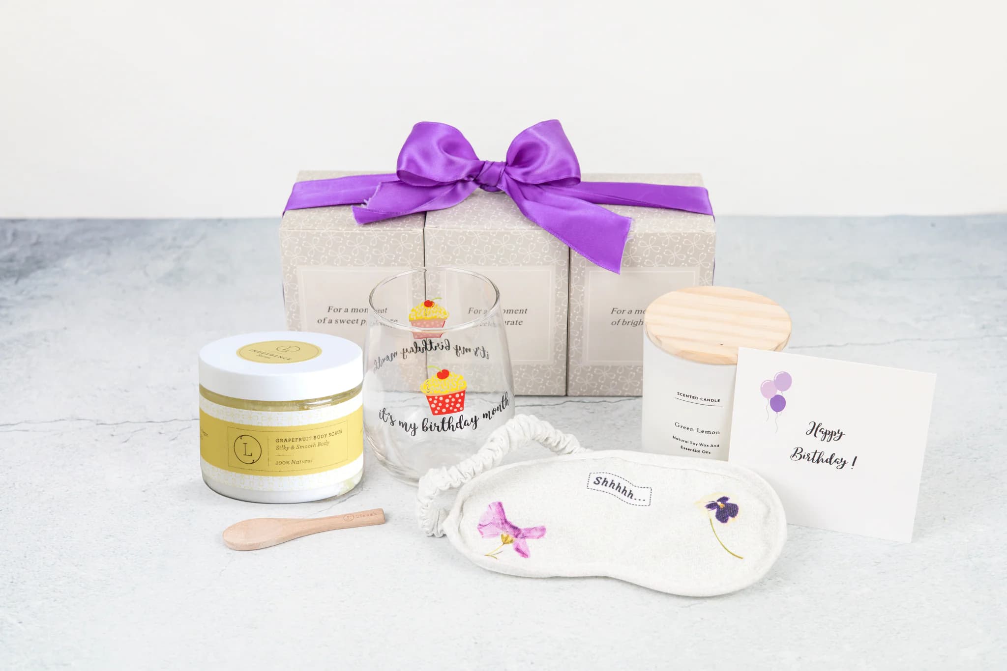 Spa Gift Basket with Wine Glass, Candle & Grapefruit Scrub