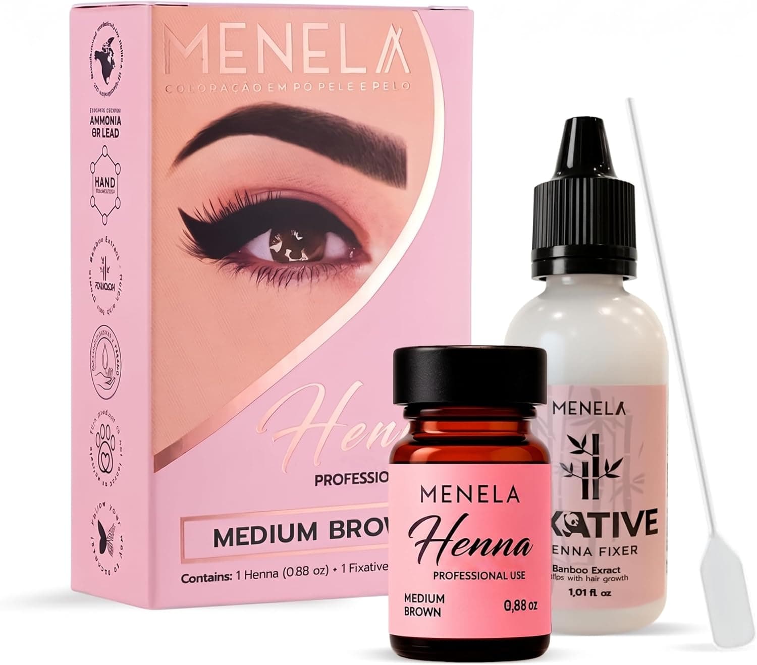 MENELA Eyebrow Henna Tint - Medium Brown Henna Brow Dye with Bamboo Extract for Enhanced, Natural-Looking Brows - 2.5g Henna Powder & 15ml Fixer - Eyebrow Tint Kit