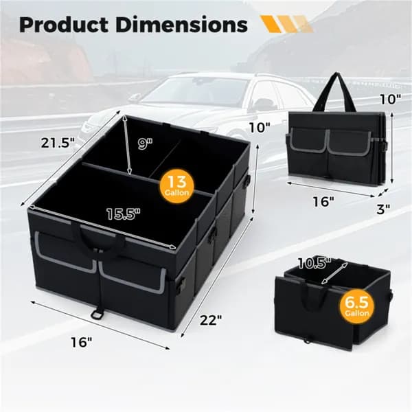 13-Gallon Car Trunk Organizer, 3 Compartments and 6 Pockets
